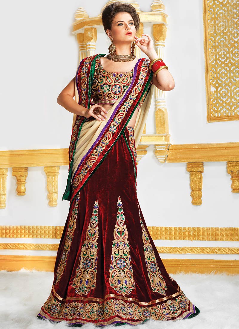 Maroon Resham Enhanced Velvet Lehenga Choli