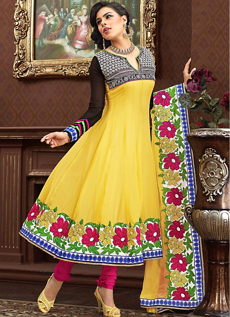 Golden color anarkali dress best sale