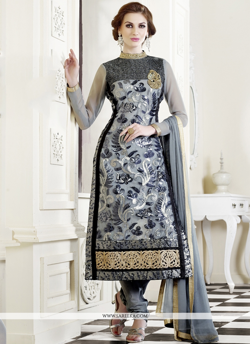 Grey Georgette Churidar Salwar Suit