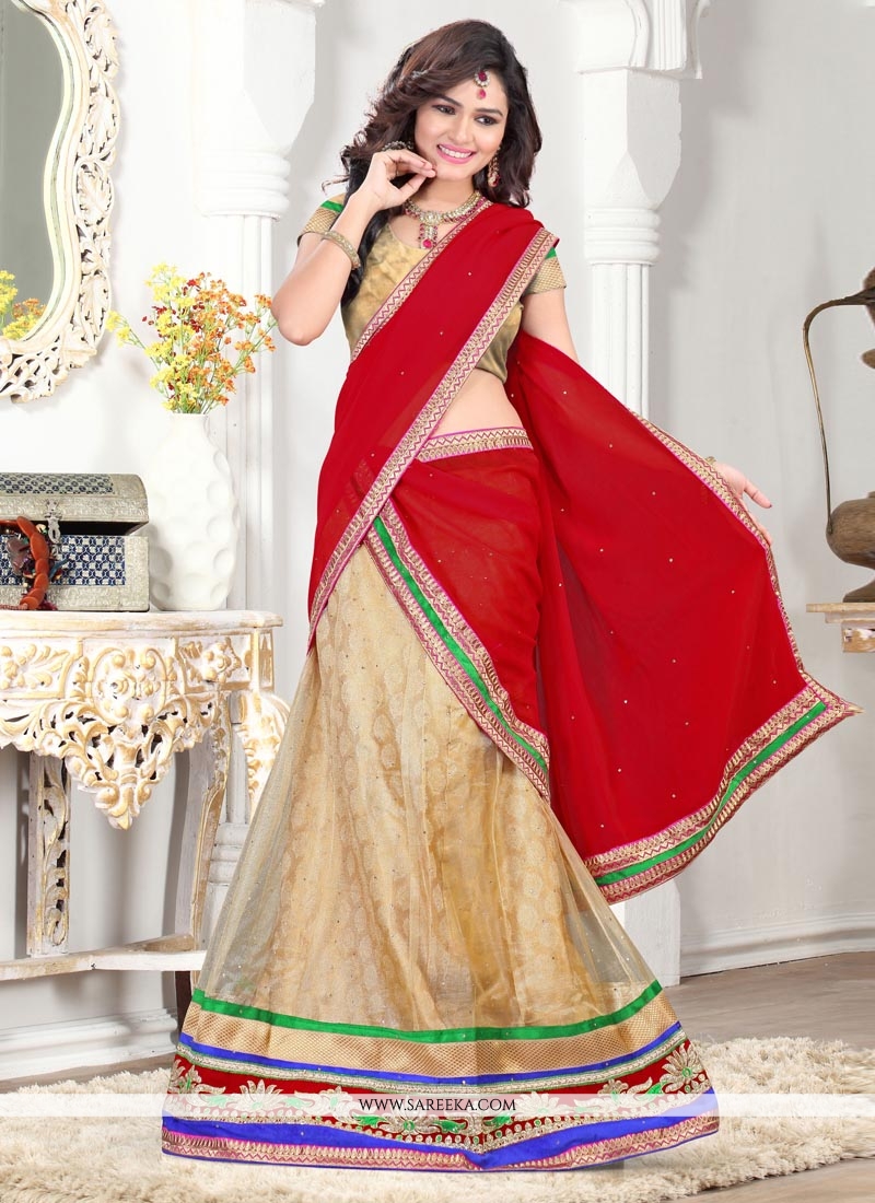 Red-Cream Color Art Silk Traditional Half Saree Style Banarasi Lehenga  Choli with Dupatta and All-Over Jacquard Work | Exotic India Art