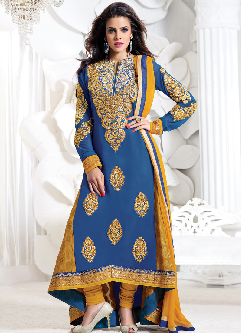 Muastrd And Blue Georgette Anarkali Suit