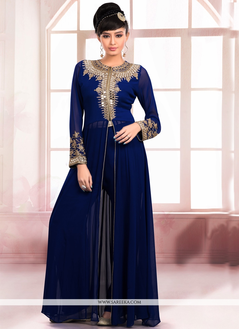 Faux Georgette Navy Blue Embroidered Work Designer Salwar Kameez