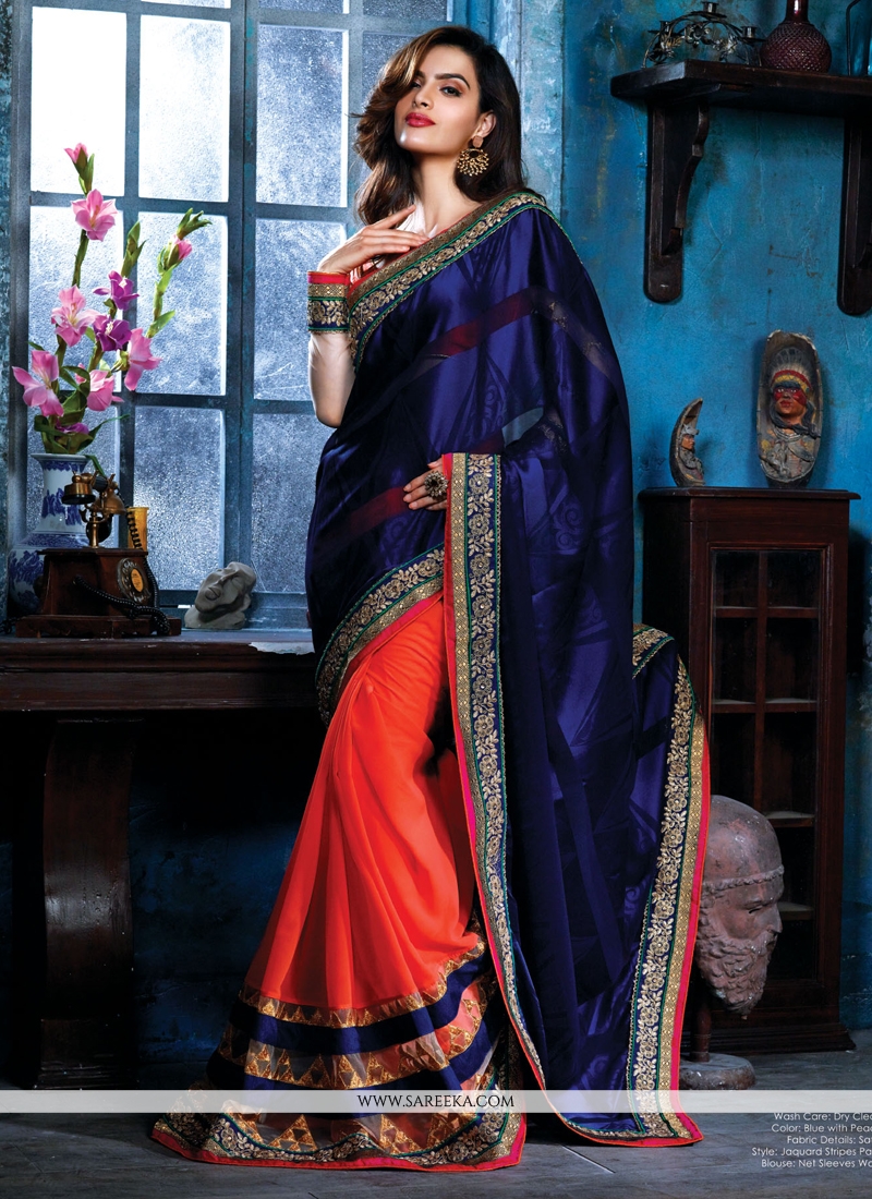 Blue And Red Patola Printed Silk Saree