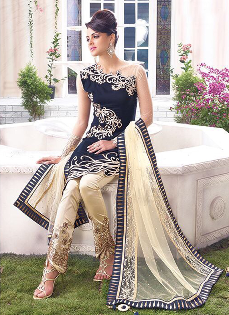 Navy Blue Velvet Pant Style Salwar Suit