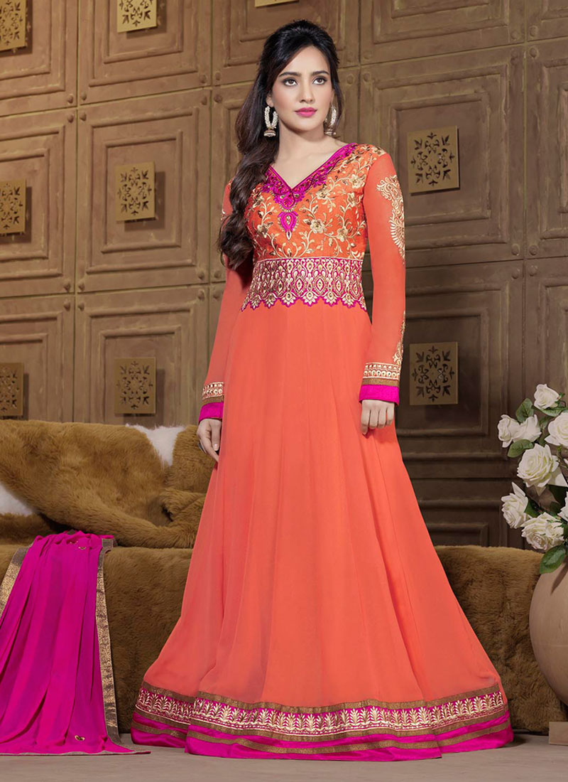 Neha Sharma Peach Faux Georgette Anarkali Suit