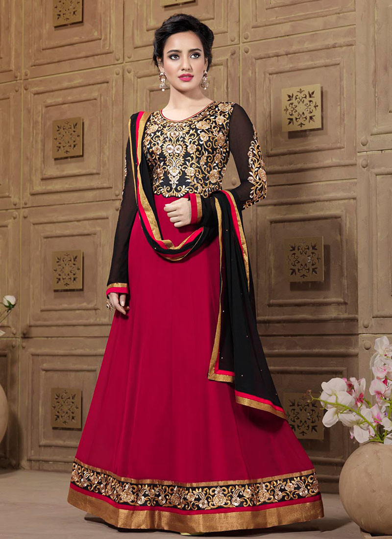 Neha Sharma Red And Black Zari Work Anarkali Suit