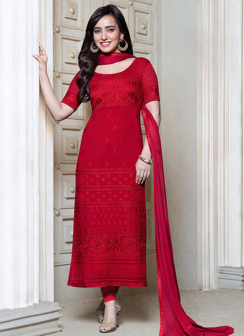 Neha Sharma Red Georgette Churidar Suit