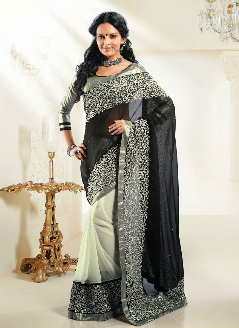 Buy White Polka Dot Black Georgette Saree Ruffle Lace Online | trendwati