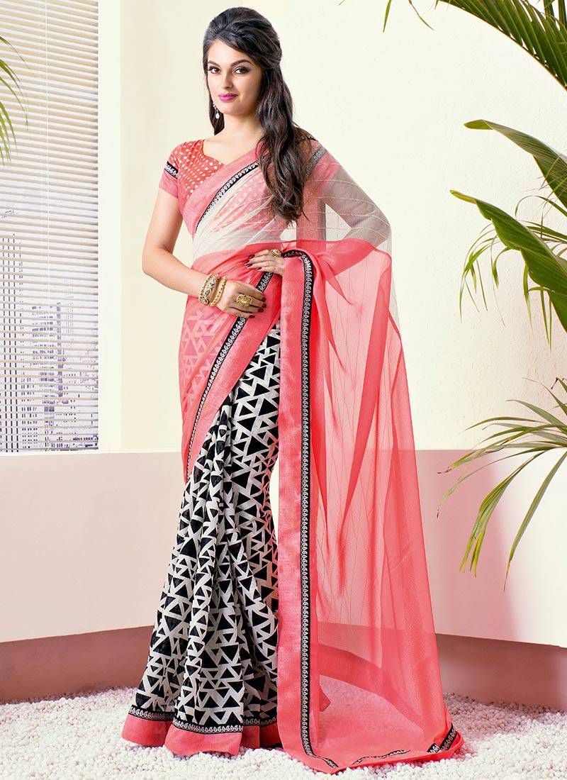 Off White And Pink Faux Chiffon Saree 