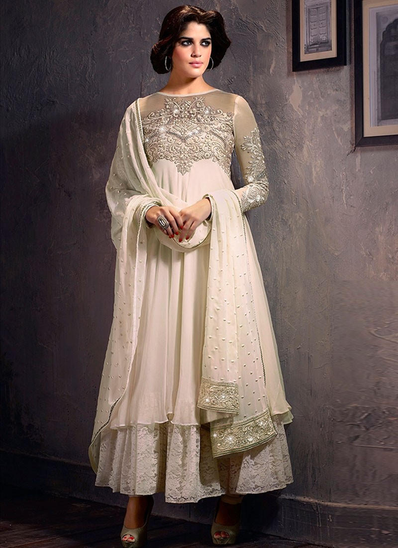 Off White Faux Georgette Cotton Net Anarkali Salwar Suit