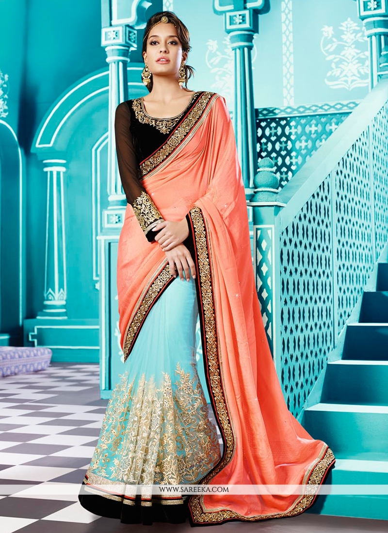 Traditional Saree With Contrast Blouse & Embellished Border-peach & Sky blue  colour – Vpnam