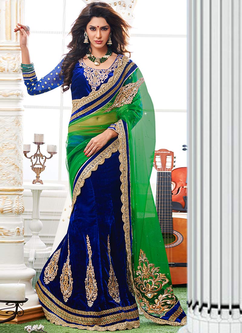 Green And Blue Embroidery Work Net Lehenga Saree