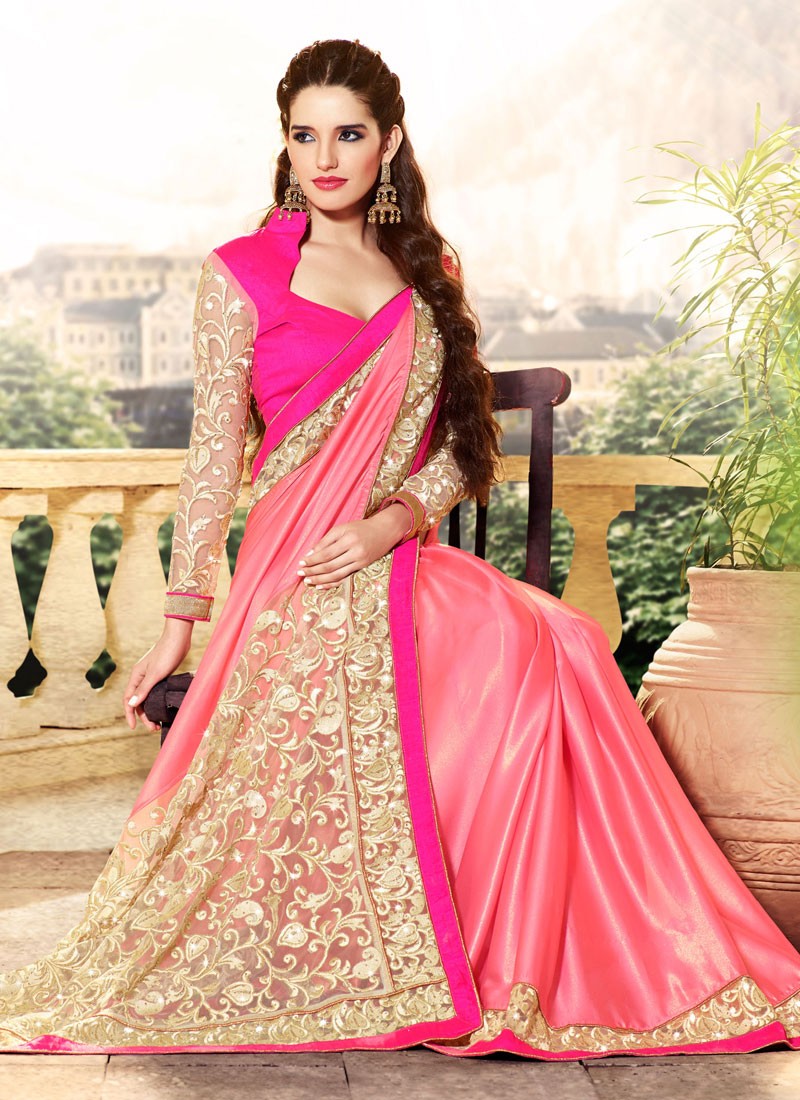 Pink And Cream Satin Net Designer Saree