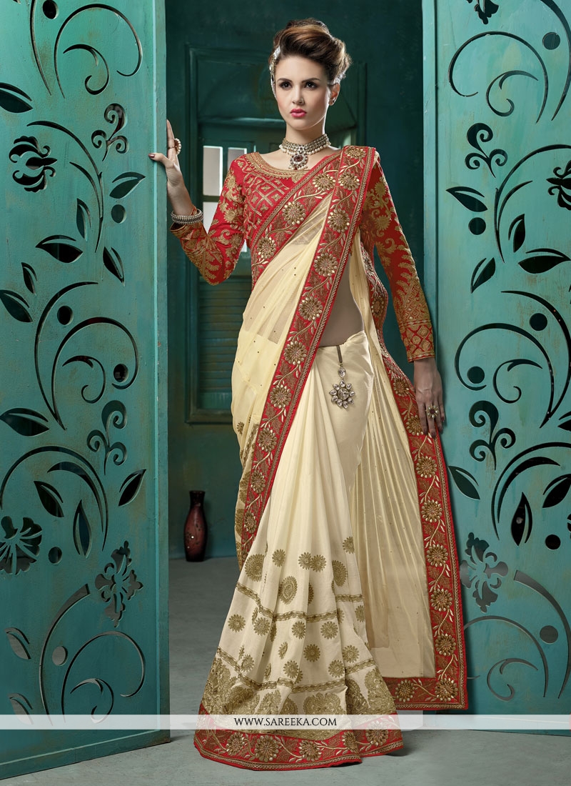 cream colour net saree