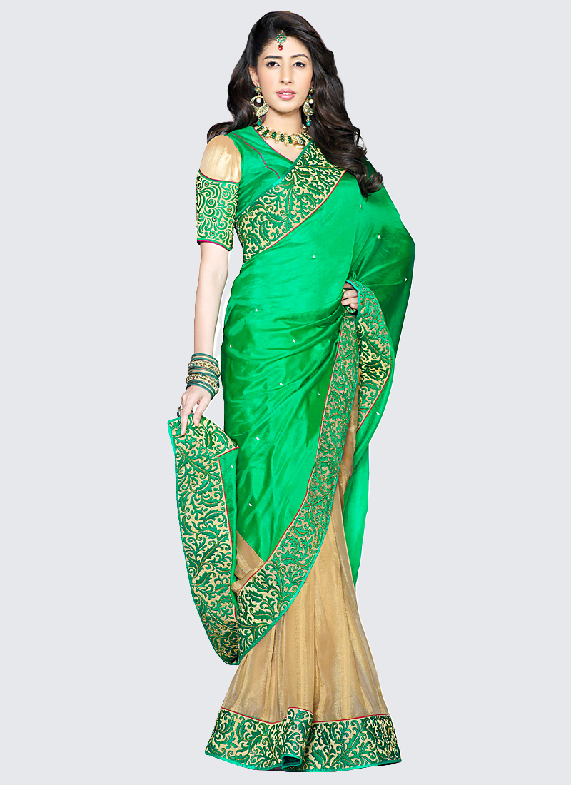 Preety Green And Cream Silk Half And Half Saree