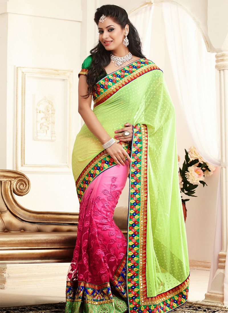 Opulent Green and Hot Pink Vichitra Silk Designer Half N Half Saree -