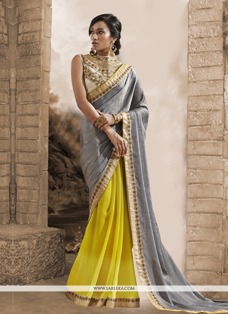 Handwoven Silk Cotton Saree - Bold Green Yellow + Tissue Grey – Ja's Drape