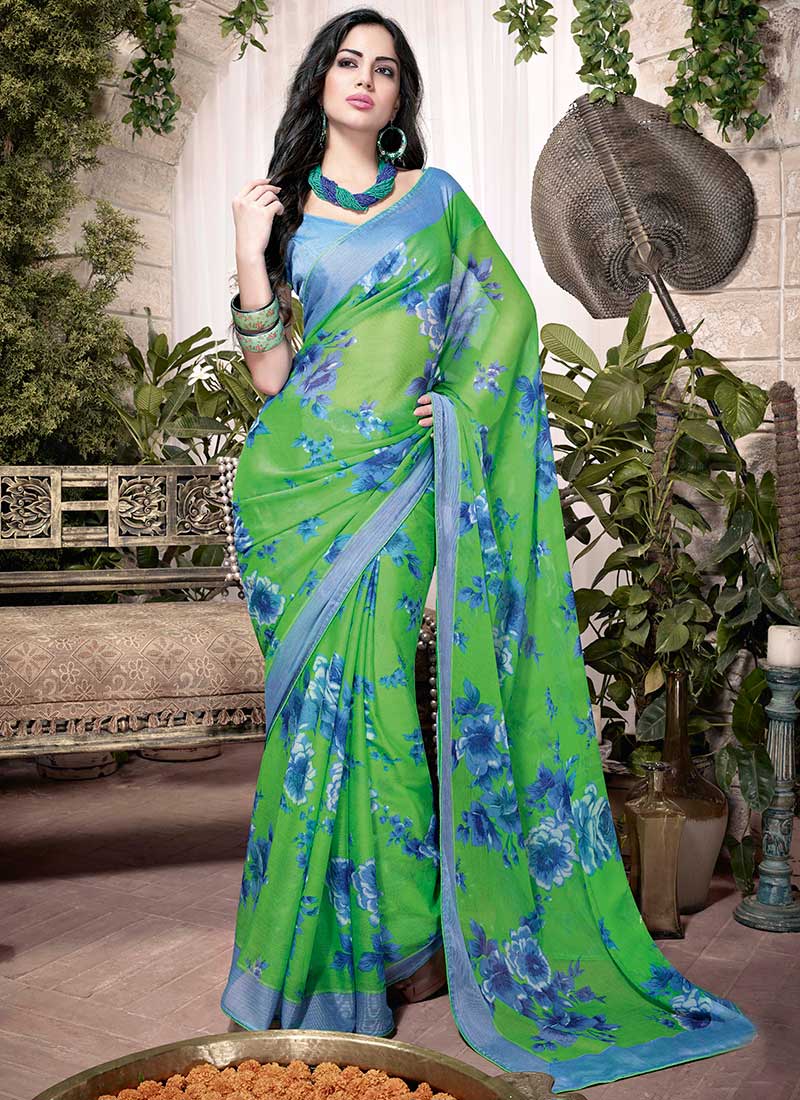 Green Saree with Printed,lace border Georgette - SR24622