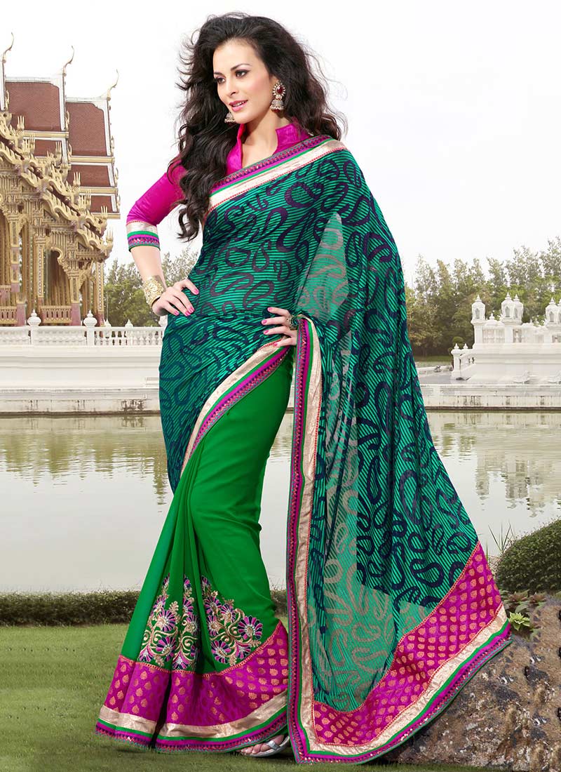 Buy Pear Green N Orange Georgette Half N Half Saree Party Wear Online at  Best Price | Cbazaar