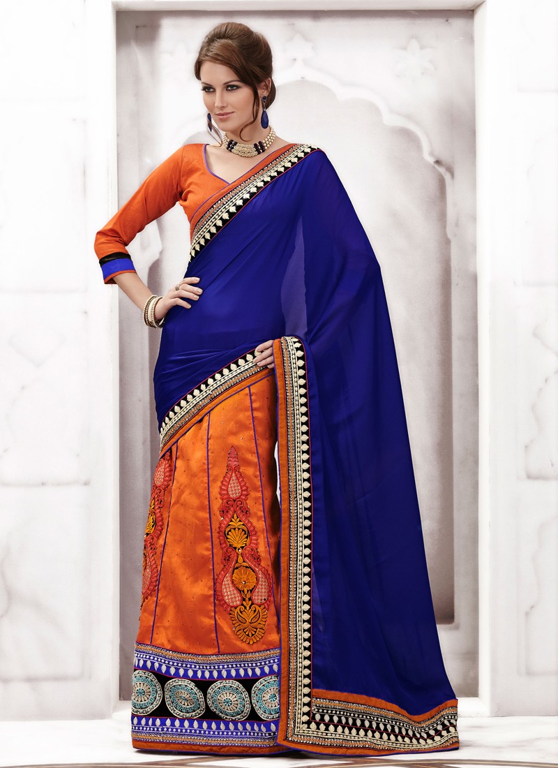 Blue And Orange Bhagalpuri Silk Lehenga Saree