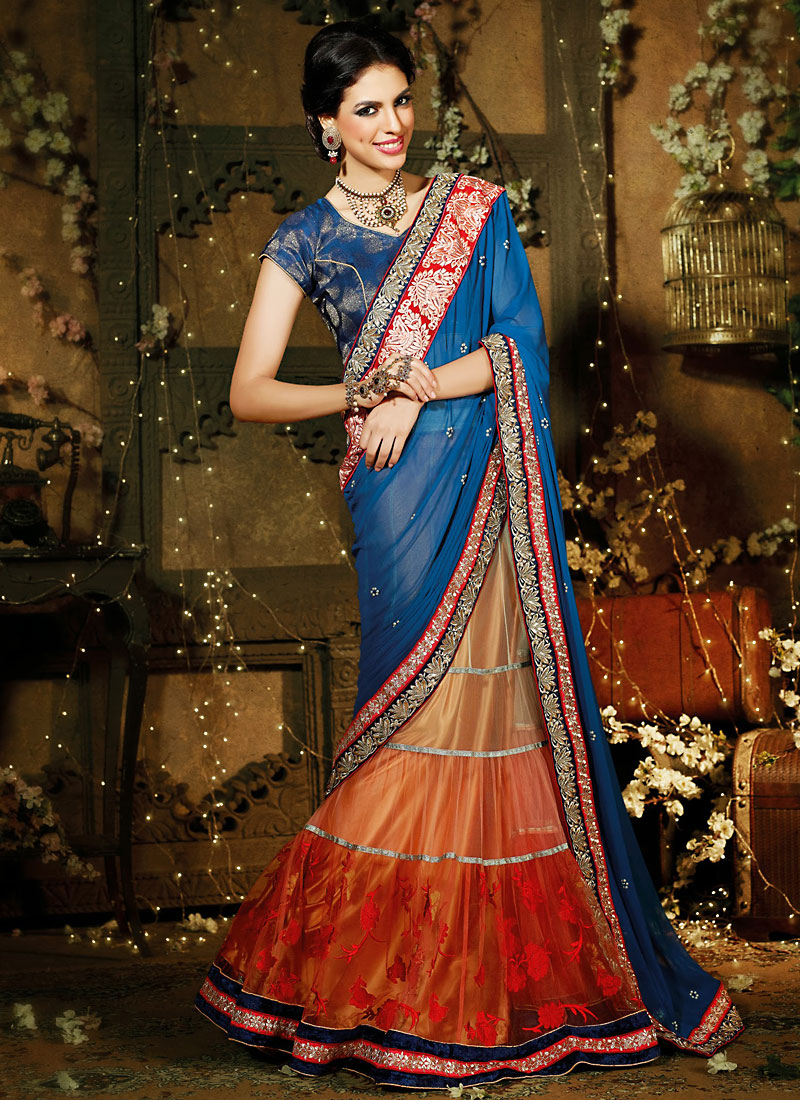 sky blue and orange combination saree