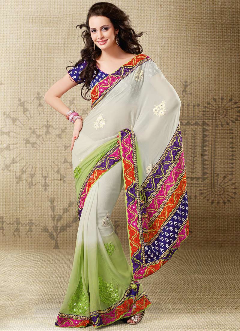 Pastel Blue Patterned Chiffon Printed And Designer Saree With Fancy Border  - Vishal Prints - 3968324