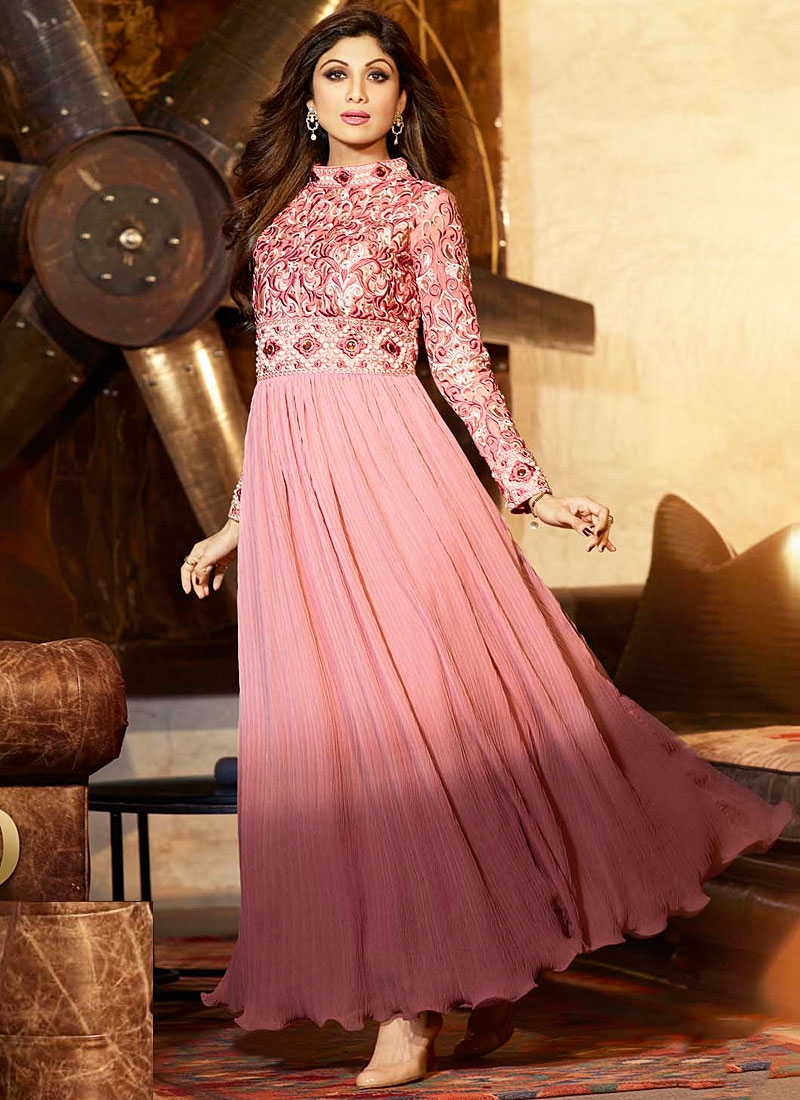 Shilpa Shetty Hot Pink Resham Long Anarkali Suit