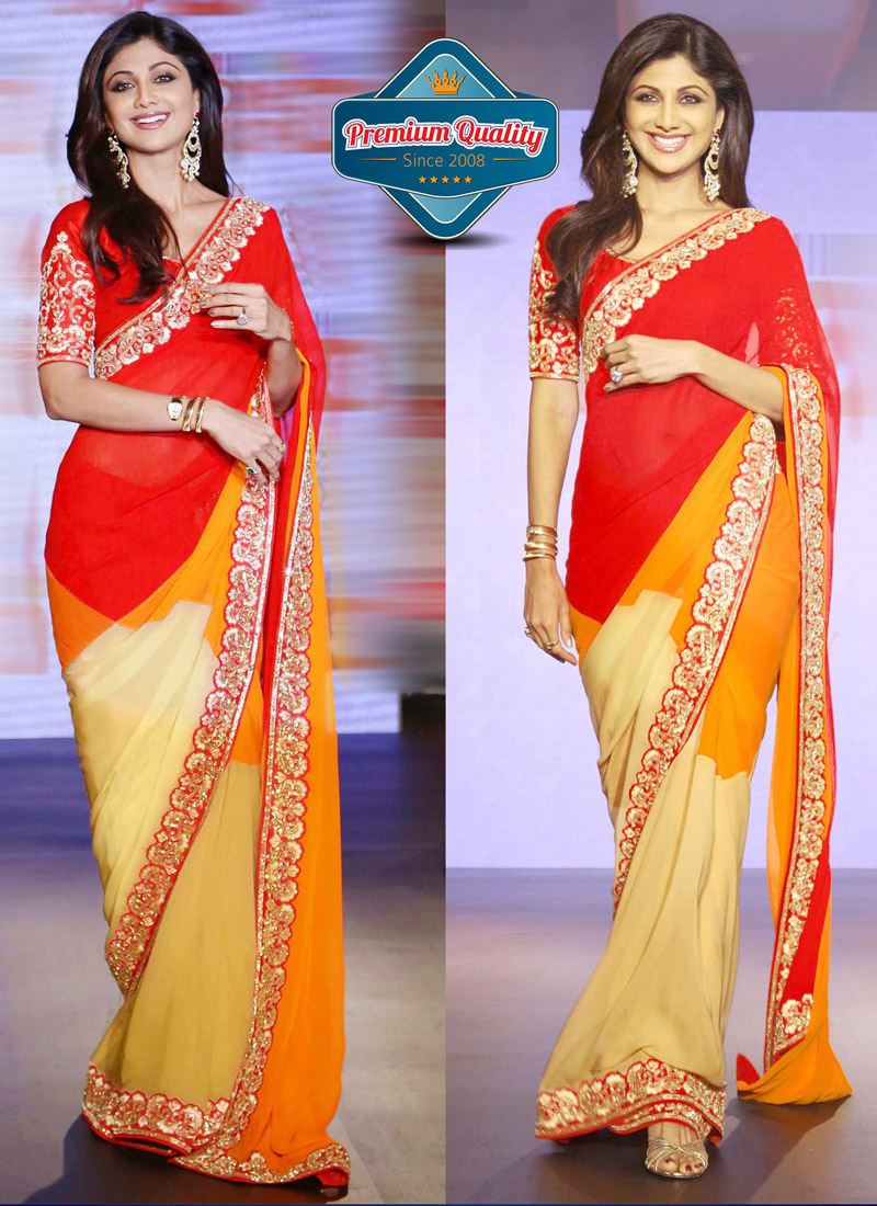 Shilpa Shetty Yellow And Red Faux Chiffon Saree