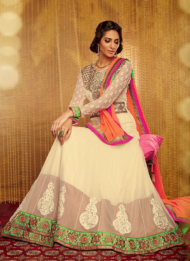Cream Border Work Faux Georgette Anarkali Suit