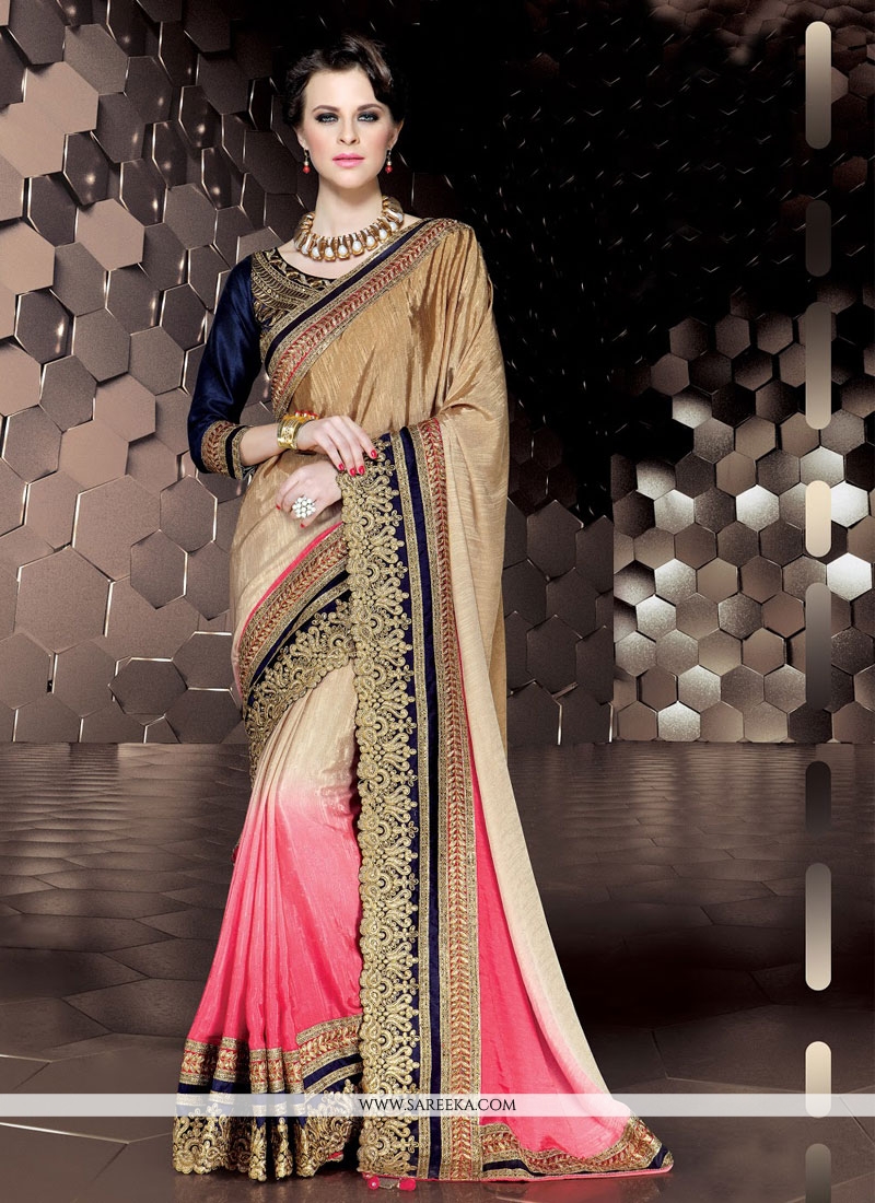 Marvellous Tan & Pink Colour Designer Georgette Patch Work Designer Saree  With Blouse Piece – Lady India