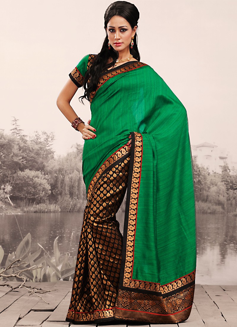 Brown & Emerald Green Embroidered Saree