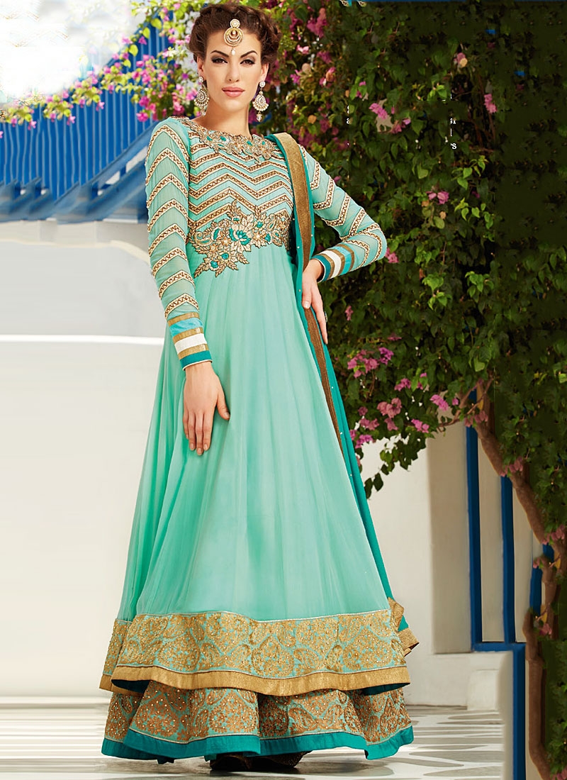 Turquoise Blue Embroidery Faux Georgette Anarkali Suit