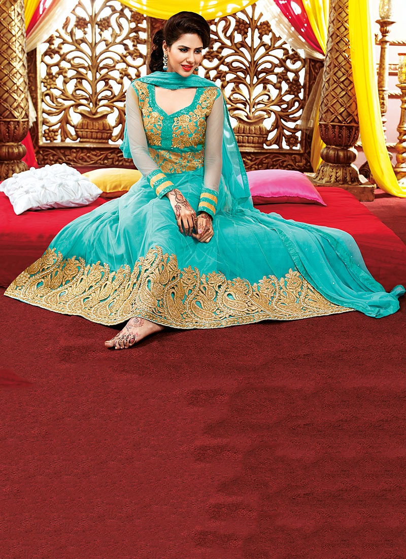 designer turquoise georgette floor length anarkali suit