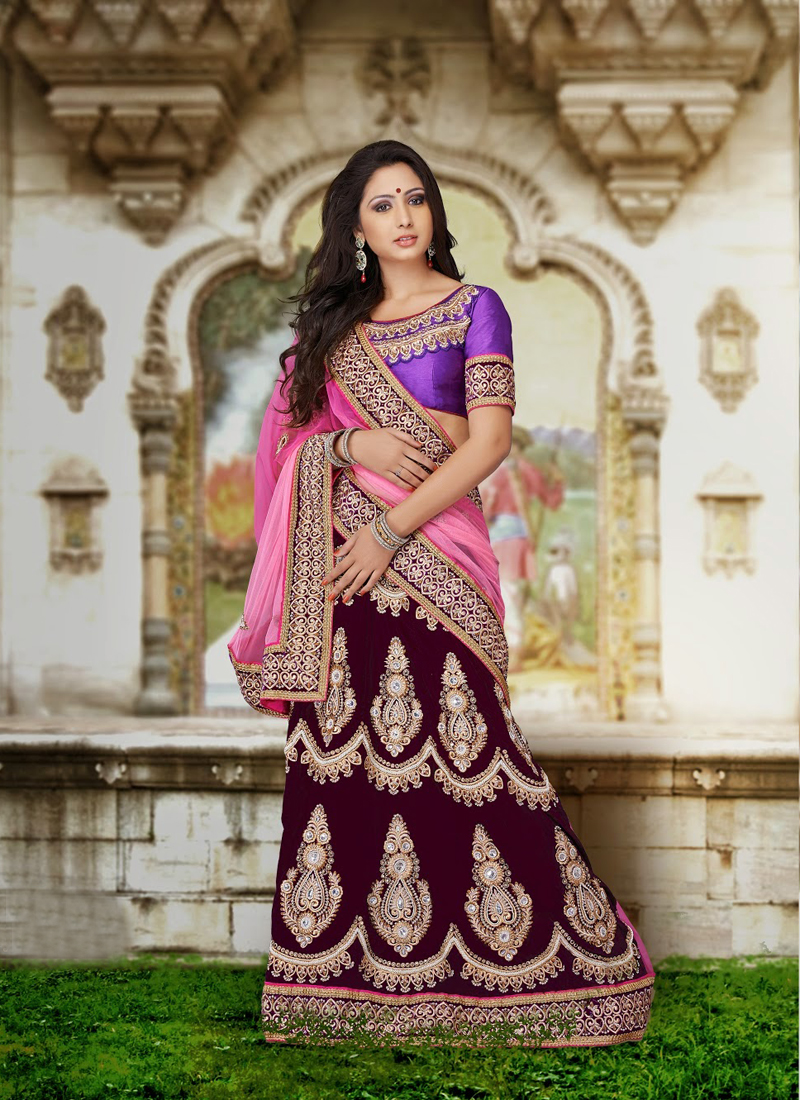 Buy Wine Zariwork Velvet Semi Stitched Lehenga - Koskii