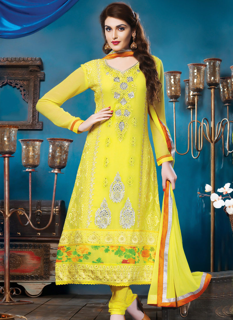 Yellow Resham Work Churidar Suit - Churidar Suits