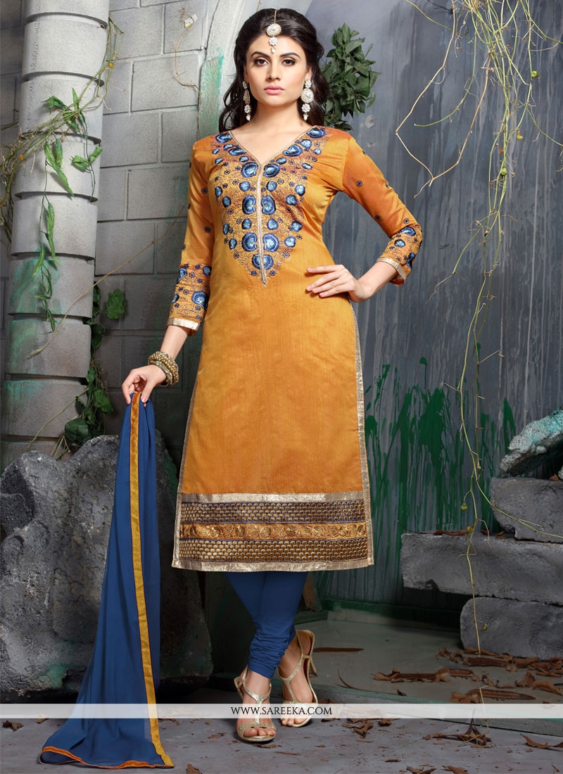 Buy Orange Chanderi Cotton Churidar Designer Suit Online : Canada