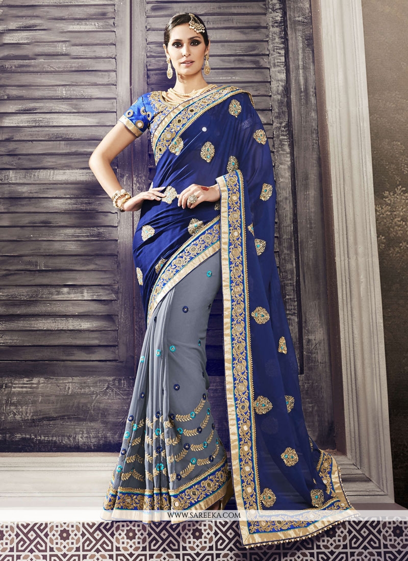 Buy Blue and Grey Patch Border Work Half N Half Designer Saree Online ...