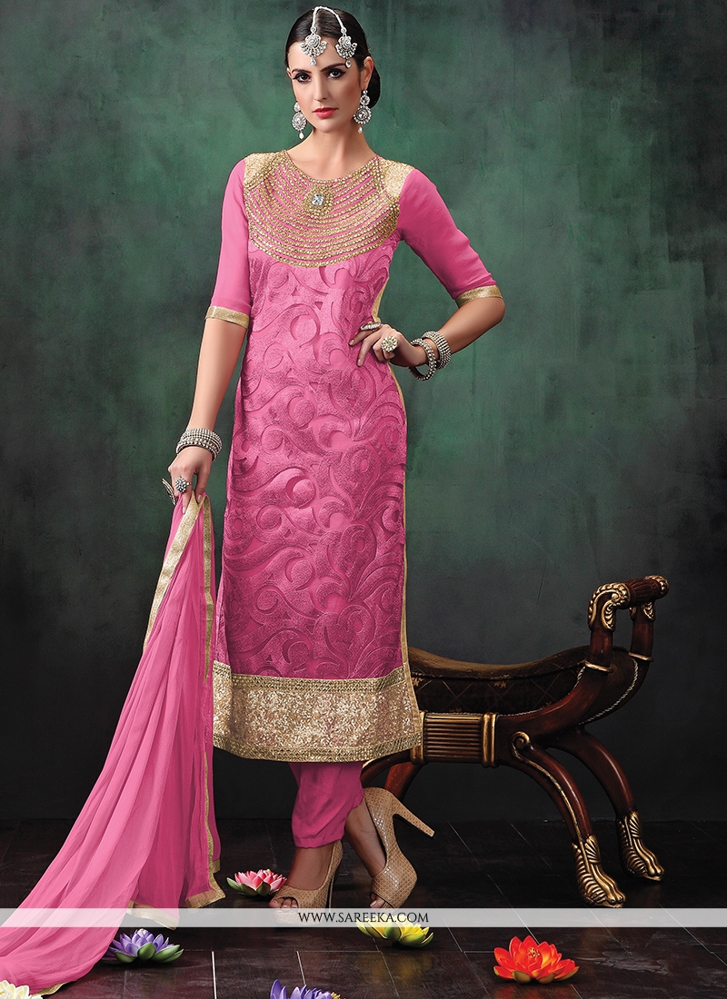 Embroidered Jute Silk Designer Suit in Pink