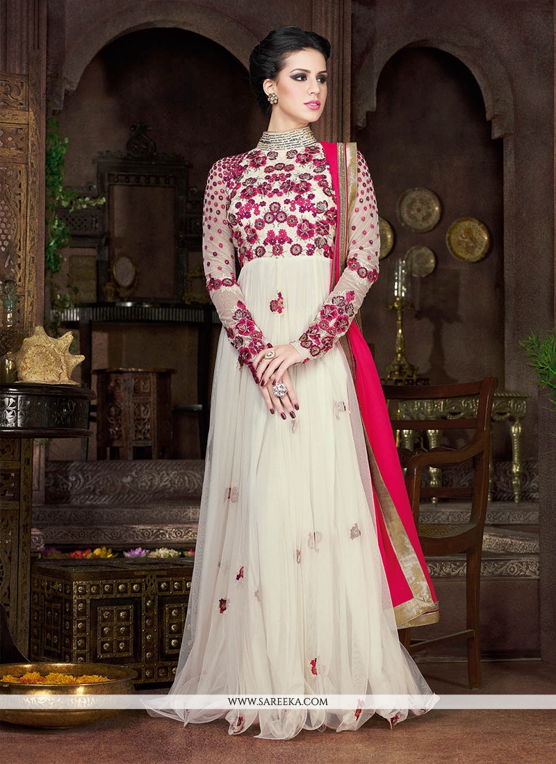 Buy Off White Resham Work Net Designer Floor Length Suit Online : Fiji