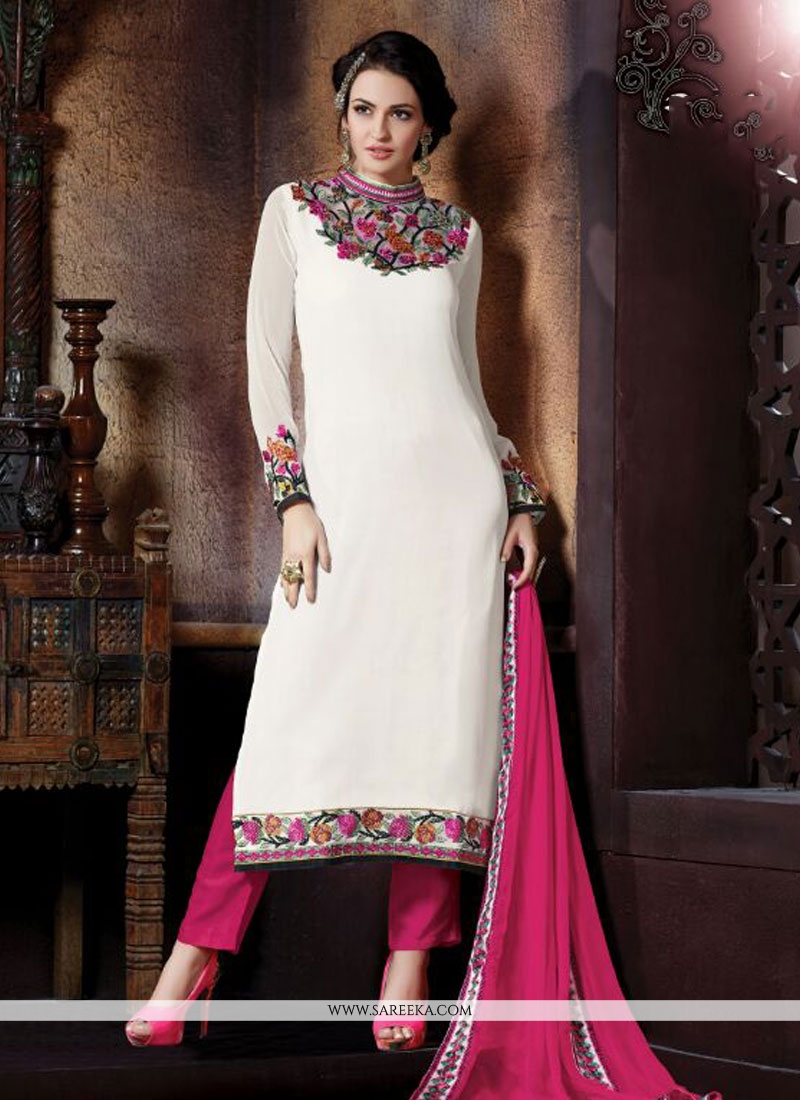 White Resham Work Georgette Pant Style Suit