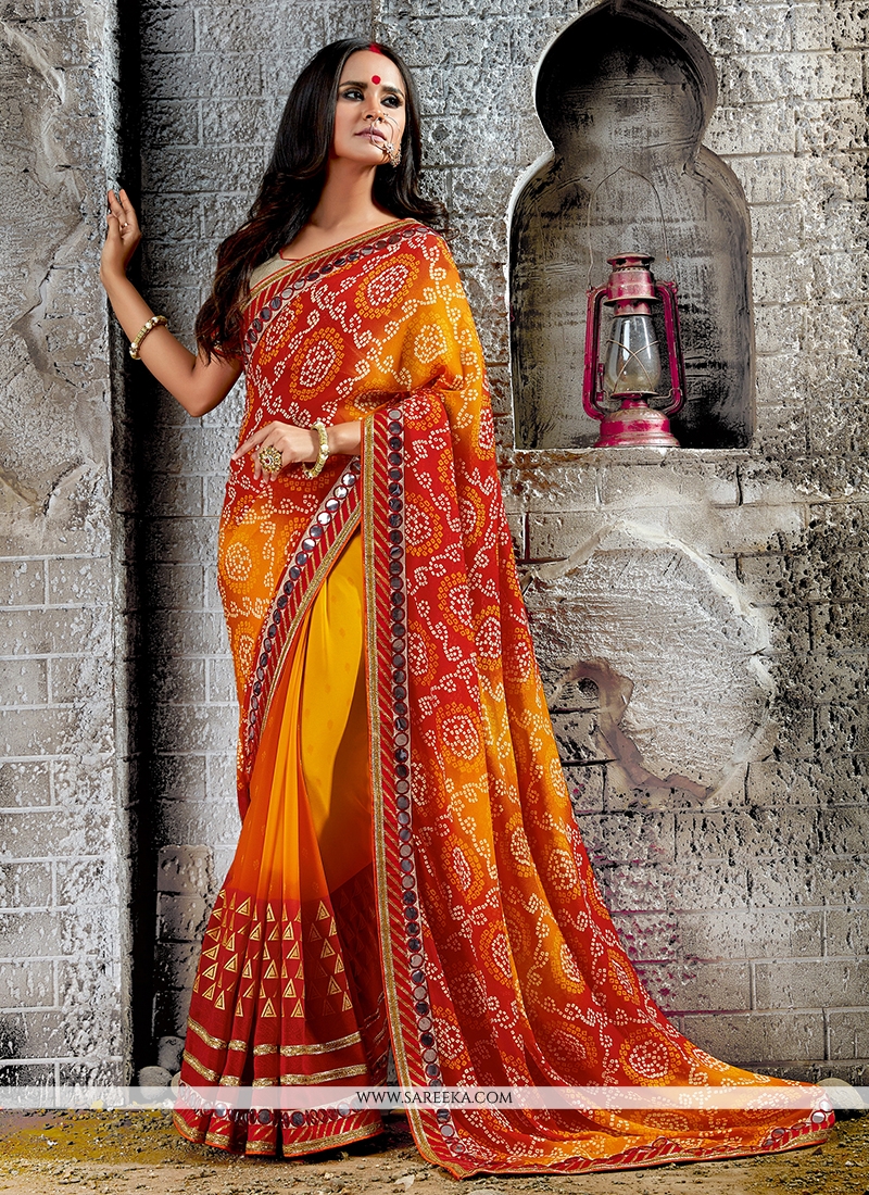 Buy Saree Nx Self Design, Printed, Embellished, Digital Print Bandhani Silk  Blend, Pure Silk Orange Sarees Online @ Best Price In India | Flipkart.com