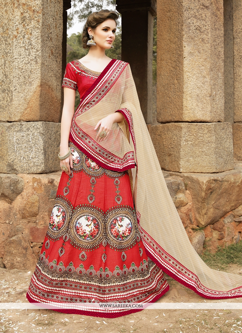 Shop Red Patch Border Work Satin A Line Lehenga Choli Online : 44999