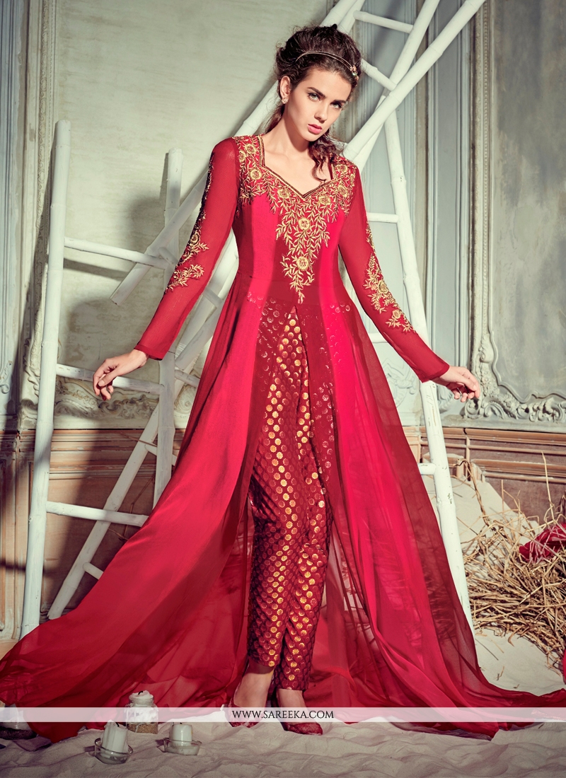 Buy Maroon Embroidered Work Pant Style Suit Online