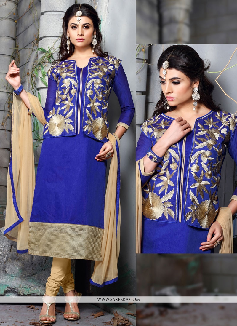 Buy Chanderi Cotton Blue Churidar Designer Suit Online at best price