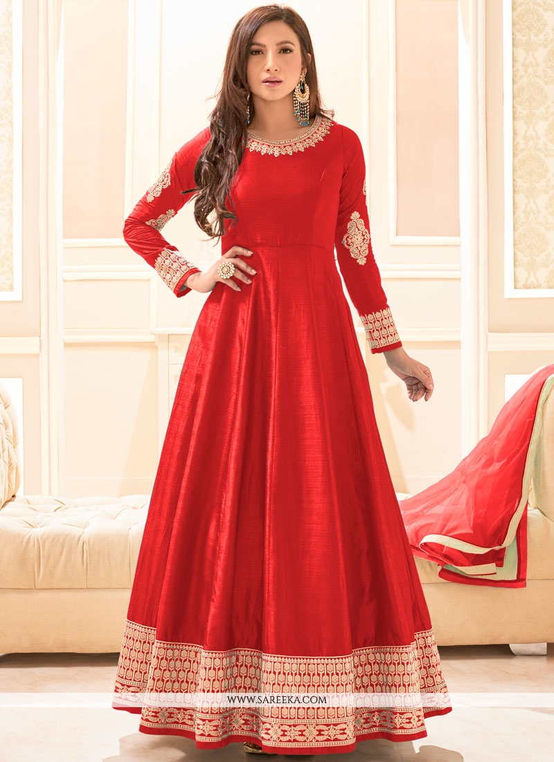 Buy Art Silk Red Embroidered Work Floor Length Anarkali Suit Online ...