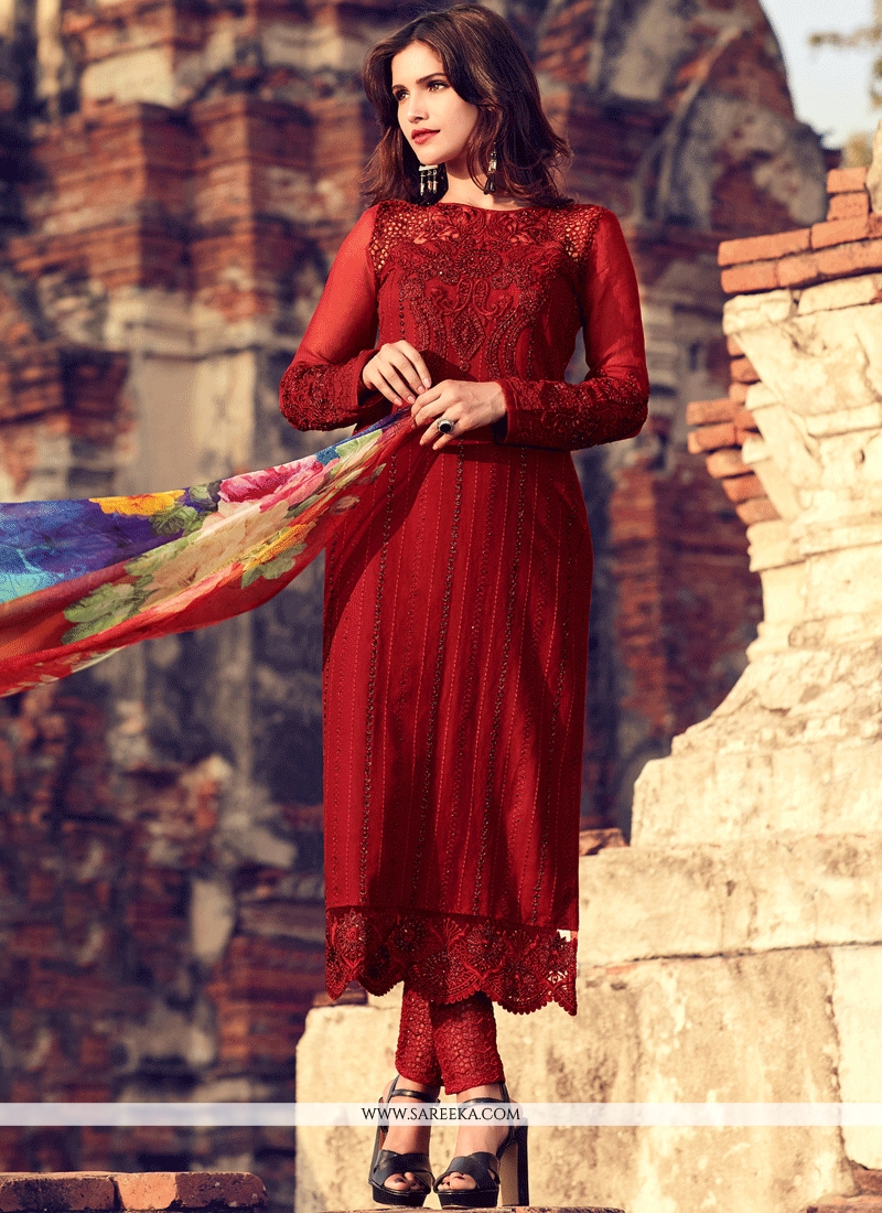 Buy Maroon Resham Work Cotton Pant Style Suit Online USA