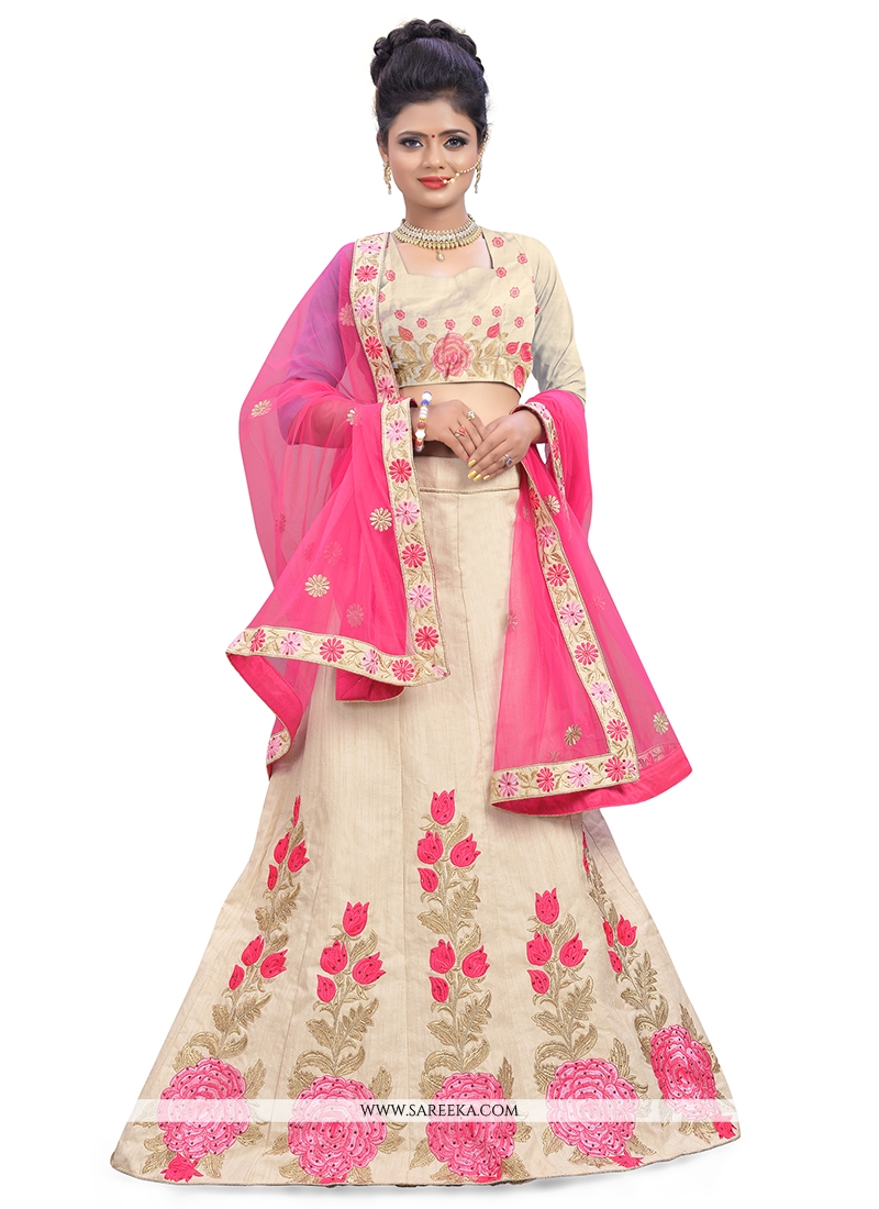 Embroidered Net Lehenga in Cream and Pink : LYC2338
