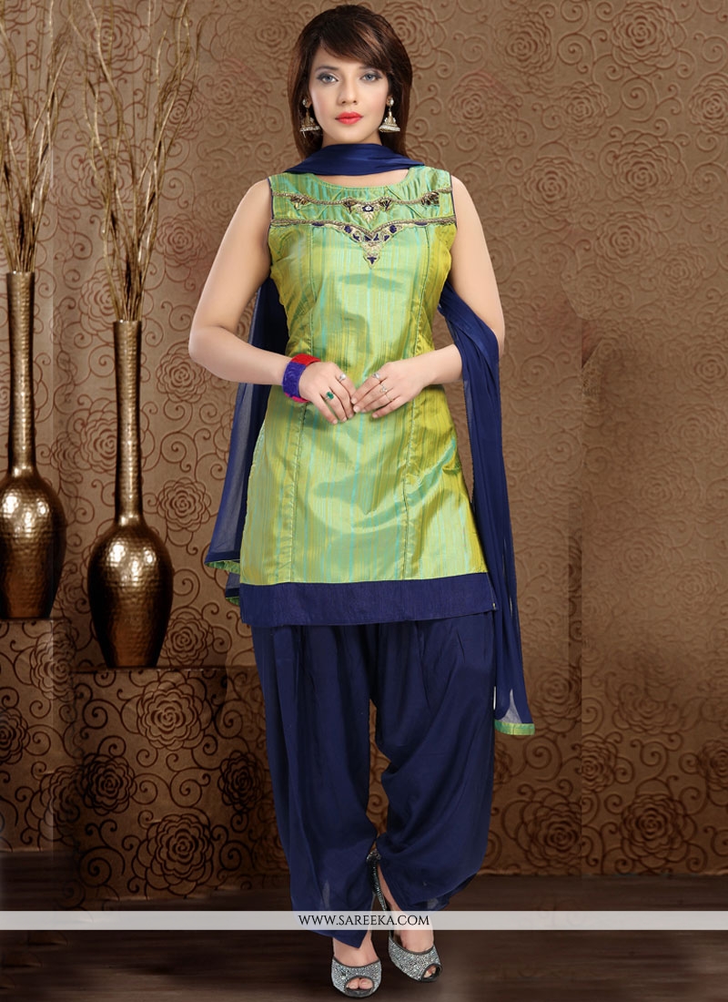 Buy Green and Navy Blue Embroidered Work Readymade Suit Online UK