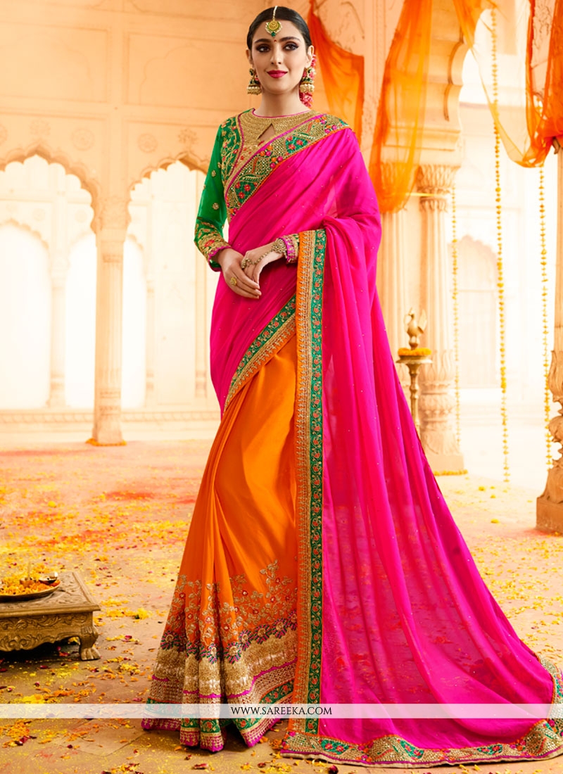 Buy INDI WARDROBE FANCY EMBROIDERY SAREE,ORANGE AND PINK COLOR COMBINATION,SOFT  MATERIL,FREE SIZE,TRENDY SAREE at Amazon.in