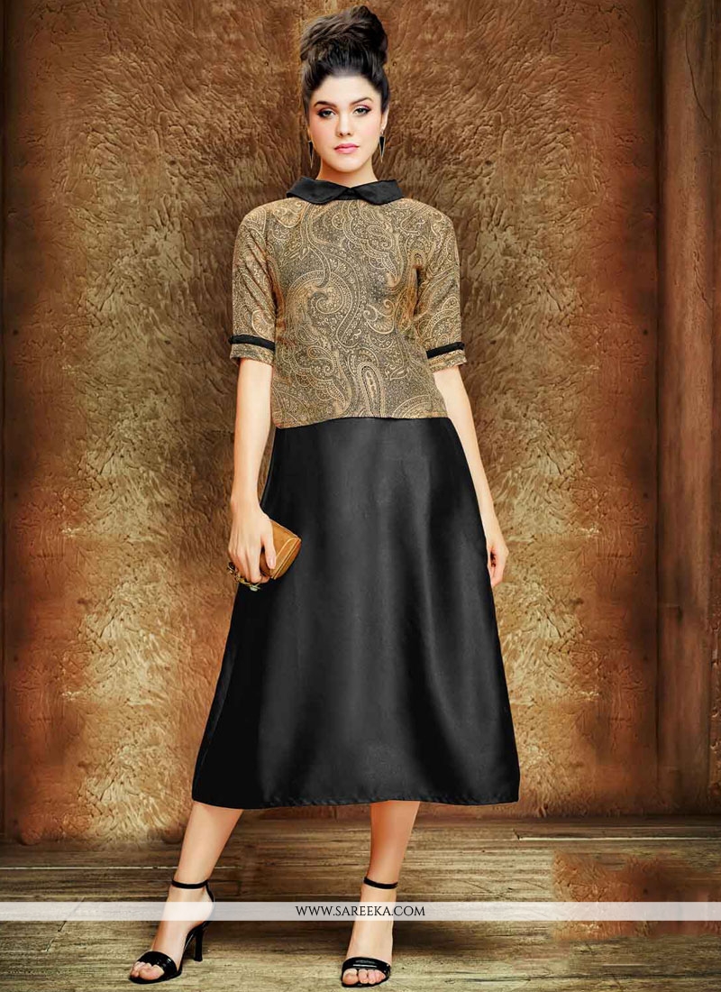 Buy Print Work Art Silk Black Party Wear Kurti Online : India